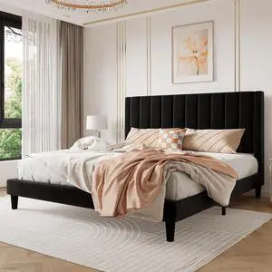 King Bed Frame/Velvet Upholstered Platform Bed Frame with Headboard/Strong Wood Slats Support/Mattress Foundation/No Box Spring Needed - Black King Bed Frame/Velvet Upholstered Platform Bed Frame with Headboard/Strong Wood Slats Support/Mattress Foundation/No Box Spring Needed - Black