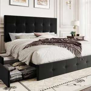 Queen Platform Bed Frame with 4 Oversized Storage Drawers, Adjustable Headboard with Velvet Upholstery, Square Button Tufted Design, Wooden Slat Support, No Box Spring Needed, Black Queen Platform Bed Frame with 4 Oversized Storage Drawers, Adjustable Headboard with Velvet Upholstery, Square Button Tufted Design, Wooden Slat Support, No Box Spring Needed, Black