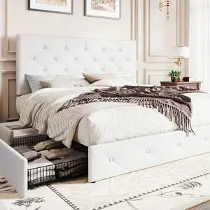 Upholstered Queen Platform Storage Bed Frame with 4 Drawers, Adjustable Headboard with Faux Leather Diamond Button Tufted Design, Wooden Slat Support, No Box Spring Needed, White Upholstered Queen Platform Storage Bed Frame with 4 Drawers, Adjustable Headboard with Faux Leather Diamond Button Tufted Design, Wooden Slat Support, No Box Spring Needed, White