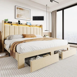 King Size Platform Bed Frame with Vertical Channel Tufted Wingback Headboard & 2 Storage Drawers/2-Tier Shelves with LED Lights & Charging Station/Noise-Free/No Box Spring Needed/Beige King Size Platform Bed Frame with Vertical Channel Tufted Wingback Headboard & 2 Storage Drawers/2-Tier Shelves with LED Lights & Charging Station/Noise-Free/No Box Spring Needed/Beige