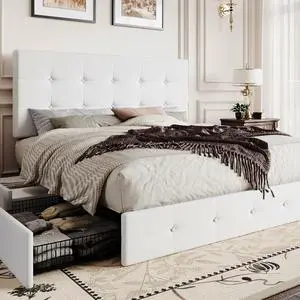 Queen Platform Bed Frame with 4 Oversized Storage Drawers, Adjustable Headboard with Velvet Upholstery, Square Button Tufted Design, Wooden Slat Support, No Box Spring Needed, White Queen Platform Bed Frame with 4 Oversized Storage Drawers, Adjustable Headboard with Velvet Upholstery, Square Button Tufted Design, Wooden Slat Support, No Box Spring Needed, White