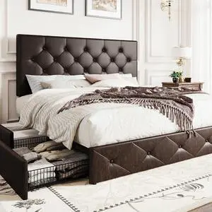 Upholstered Queen Size Platform Bed Frame with 4 Storage Drawers, Adjustable Headboard with Diamond Stitched Button Tufted Design, Wooden Slat Support, No Box Spring Needed, Black Brown Upholstered Queen Size Platform Bed Frame with 4 Storage Drawers, Adjustable Headboard with Diamond Stitched Button Tufted Design, Wooden Slat Support, No Box Spring Needed, Black Brown