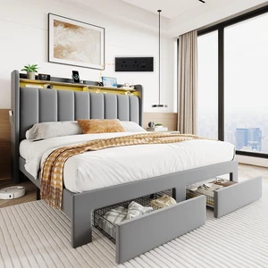 Velvet Queen Bed Frame with Vertical Channel Tufted Wingback Headboard & 2 Storage Drawers/2-Tier Shelves with LED Lights & Charging Station/Noise-Free/No Box Spring Needed/Light Grey Velvet Queen Bed Frame with Vertical Channel Tufted Wingback Headboard & 2 Storage Drawers/2-Tier Shelves with LED Lights & Charging Station/Noise-Free/No Box Spring Needed/Light Grey