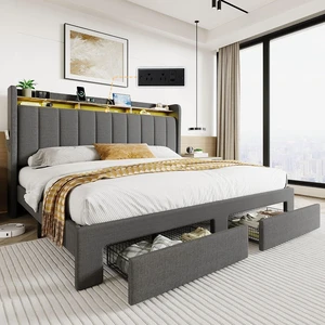 King Size Platform Bed Frame with Vertical Channel Tufted Wingback Headboard & 2 Storage Drawers/2-Tier Shelves with LED Lights & Charging Station/Noise-Free/No Box Spring Needed/Dark Grey King Size Platform Bed Frame with Vertical Channel Tufted Wingback Headboard & 2 Storage Drawers/2-Tier Shelves with LED Lights & Charging Station/Noise-Free/No Box Spring Needed/Dark Grey
