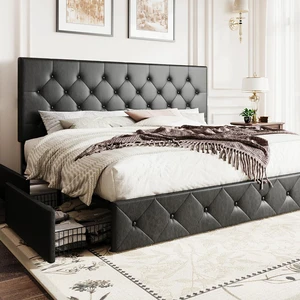 Upholstered King Platform Storage Bed Frame with 4 Drawers, Adjustable Headboard with Faux Leather Diamond Button Tufted Design, Wooden Slat Support, No Box Spring Needed, Black Upholstered King Platform Storage Bed Frame with 4 Drawers, Adjustable Headboard with Faux Leather Diamond Button Tufted Design, Wooden Slat Support, No Box Spring Needed, Black