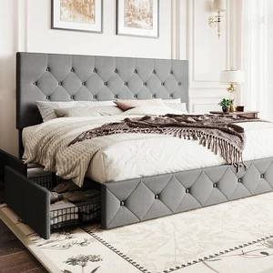 Upholstered King Size Platform Bed Frame with 4 Storage Drawers, Adjustable Headboard with Diamond Stitched Button Tufted Design, Wooden Slat Support, No Box Spring Needed, Light Grey Upholstered King Size Platform Bed Frame with 4 Storage Drawers, Adjustable Headboard with Diamond Stitched Button Tufted Design, Wooden Slat Support, No Box Spring Needed, Light Grey