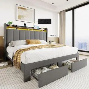 Queen Platform Bed Frame with Vertical Channel Tufted Wingback Headboard & 2 Storage Drawers/2-Tier Shelves with LED Lights & Charging Station/Noise-Free/No Box Spring Needed/Dark Grey Queen Platform Bed Frame with Vertical Channel Tufted Wingback Headboard & 2 Storage Drawers/2-Tier Shelves with LED Lights & Charging Station/Noise-Free/No Box Spring Needed/Dark Grey