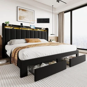 Velvet King Size Bed Frame with Vertical Channel Tufted Wingback Headboard & 2 Storage Drawers/2-Tier Shelves with LED Lights & Charging Station/Noise-Free/No Box Spring Needed/Black Velvet King Size Bed Frame with Vertical Channel Tufted Wingback Headboard & 2 Storage Drawers/2-Tier Shelves with LED Lights & Charging Station/Noise-Free/No Box Spring Needed/Black