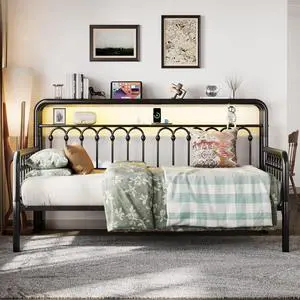 Twin Size Daybed, Metal Sofa Bed Frame with Double-Layer Storage Headboard, LED Lighting & USB Charging Ports, Steel Slat Support, Black, for Living Room/Guest Room Twin Size Daybed, Metal Sofa Bed Frame with Double-Layer Storage Headboard, LED Lighting & USB Charging Ports, Steel Slat Support, Black, for Living Room/Guest Room
