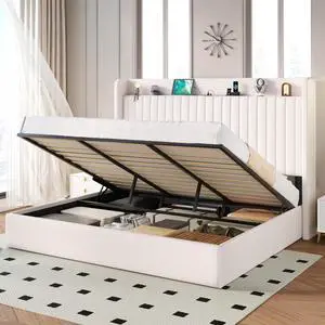 King Size Lift Up Storage Bed Frame with Charging Station/USB,Type-C Port/Storage Headboard/Velvet Upholstered/Hydraulic Support/No Box Spring Needed/Noise Free/White King Size Lift Up Storage Bed Frame with Charging Station/USB,Type-C Port/Storage Headboard/Velvet Upholstered/Hydraulic Support/No Box Spring Needed/Noise Free/White