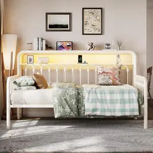 Twin Size Daybed, Metal Sofa Bed Frame with Double-Layer Storage Headboard, LED Lighting & USB Charging Ports, Steel Slat Support, White, for Living Room/Guest Room Twin Size Daybed, Metal Sofa Bed Frame with Double-Layer Storage Headboard, LED Lighting & USB Charging Ports, Steel Slat Support, White, for Living Room/Guest Room