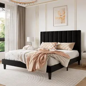 Queen Bed Frame/Velvet Upholstered Platform Bed Frame with Headboard/Strong Wood Slats Support/Mattress Foundation/No Box Spring Needed - Black Queen Bed Frame/Velvet Upholstered Platform Bed Frame with Headboard/Strong Wood Slats Support/Mattress Foundation/No Box Spring Needed - Black