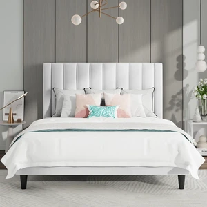 Full Bed Frame/Velvet Upholstered Platform Bed Frame with Headboard/Strong Wood Slats Support/Mattress Foundation/No Box Spring Needed/Easy Assembly/White Full Bed Frame/Velvet Upholstered Platform Bed Frame with Headboard/Strong Wood Slats Support/Mattress Foundation/No Box Spring Needed/Easy Assembly/White