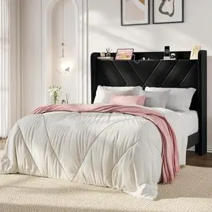 Queen Bed Frame, Velvet Upholstered Platform Bed Frame with Wingback Storage Headboard & Charging Station, Geometric Tufted Design, No Box Spring Needed, Easy Assembly, Black Queen Bed Frame, Velvet Upholstered Platform Bed Frame with Wingback Storage Headboard & Charging Station, Geometric Tufted Design, No Box Spring Needed, Easy Assembly, Black