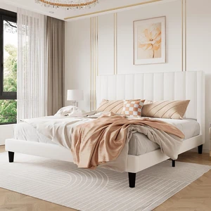 King Bed Frame/Velvet Upholstered Platform Bed Frame with Headboard/Strong Wood Slats Support/Mattress Foundation/No Box Spring Needed/Easy Assembly/White King Bed Frame/Velvet Upholstered Platform Bed Frame with Headboard/Strong Wood Slats Support/Mattress Foundation/No Box Spring Needed/Easy Assembly/White