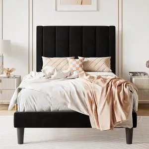 Twin Bed Frame/Velvet Upholstered Platform Bed Frame with Headboard/Strong Wood Slats Support/Mattress Foundation/No Box Spring Needed - Black Twin Bed Frame/Velvet Upholstered Platform Bed Frame with Headboard/Strong Wood Slats Support/Mattress Foundation/No Box Spring Needed - Black