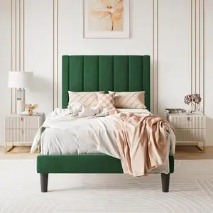 Twin Bed Frame/Velvet Upholstered Platform Bed Frame with Headboard/Strong Wood Slats Support/Mattress Foundation/No Box Spring Needed - Green Twin Bed Frame/Velvet Upholstered Platform Bed Frame with Headboard/Strong Wood Slats Support/Mattress Foundation/No Box Spring Needed - Green