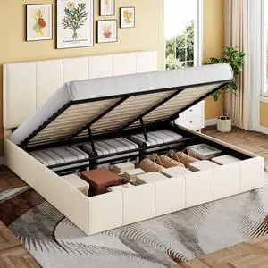 King Size Lift Up Storage Bed Frame, Adjustable Headboard, Hydraulic Support, Velvet Upholstered, Easy Installation, No Box Spring Needed, Cream King Size Lift Up Storage Bed Frame, Adjustable Headboard, Hydraulic Support, Velvet Upholstered, Easy Installation, No Box Spring Needed, Cream