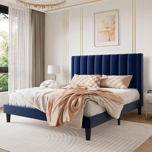 Full Bed Frame/Velvet Upholstered Platform Bed Frame with Headboard/Strong Wood Slats Support/Mattress Foundation/No Box Spring Needed - Dark Blue Full Bed Frame/Velvet Upholstered Platform Bed Frame with Headboard/Strong Wood Slats Support/Mattress Foundation/No Box Spring Needed - Dark Blue
