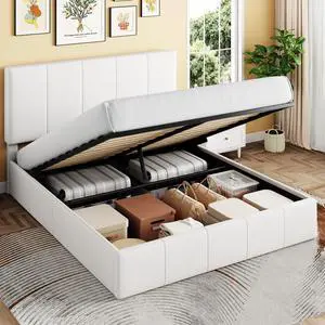 Queen Size Lift Up Storage Bed Frame, Adjustable Headboard, Hydraulic Support, Velvet Upholstered, Easy Installation, No Box Spring Needed, White Queen Size Lift Up Storage Bed Frame, Adjustable Headboard, Hydraulic Support, Velvet Upholstered, Easy Installation, No Box Spring Needed, White