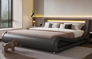 LED King Deluxe Upholstered Bed Frame with Adjustable Headboard - Low Profile Sleigh Design, Strong Wood Slats Support, No Box Spring Needed, Grey LED King Deluxe Upholstered Bed Frame with Adjustable Headboard - Low Profile Sleigh Design, Strong Wood Slats Support, No Box Spring Needed, Grey