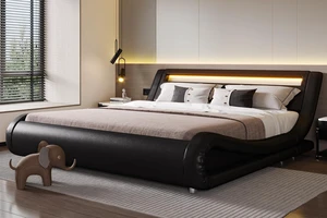 Deluxe Upholstered LED King Bed Frame with Adjustable Headboard - Low Profile Sleigh Design - Strong Wood Slats Support, No Box Spring Needed, Black Deluxe Upholstered LED King Bed Frame with Adjustable Headboard - Low Profile Sleigh Design - Strong Wood Slats Support, No Box Spring Needed, Black
