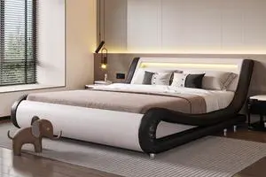 LED Full Bed Frame with Adjustable Headboard - Low Profile Sleigh Design, Strong Wood Slats Support and Mattress Foundation, No Box Spring Needed, Black and White LED Full Bed Frame with Adjustable Headboard - Low Profile Sleigh Design, Strong Wood Slats Support and Mattress Foundation, No Box Spring Needed, Black and White
