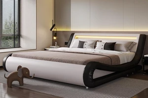 LED King Deluxe Upholstered Bed Frame with Adjustable Headboard - Low Profile Sleigh Design, Strong Wood Slats Support, No Box Spring Needed, Black and White LED King Deluxe Upholstered Bed Frame with Adjustable Headboard - Low Profile Sleigh Design, Strong Wood Slats Support, No Box Spring Needed, Black and White