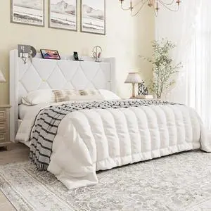 Queen Velvet Upholstered Bed Frame with Charging Station, Modern Wingback Storage Headboard, Diamond Stitched & Gold Trim, No Box Spring Needed, Easy Assembly, White Queen Velvet Upholstered Bed Frame with Charging Station, Modern Wingback Storage Headboard, Diamond Stitched & Gold Trim, No Box Spring Needed, Easy Assembly, White
