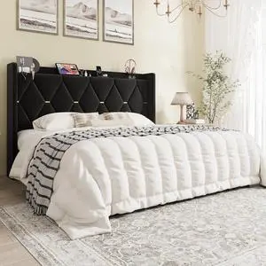 King Size Velvet Upholstered Bed Frame with Charging Station, Modern Wingback Storage Headboard, Diamond Stitched & Gold Trim, No Box Spring Needed, Easy Assembly, Black King Size Velvet Upholstered Bed Frame with Charging Station, Modern Wingback Storage Headboard, Diamond Stitched & Gold Trim, No Box Spring Needed, Easy Assembly, Black