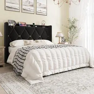 Queen Velvet Upholstered Bed Frame with Charging Station, Modern Wingback Storage Headboard, Diamond Stitched & Gold Trim, No Box Spring Needed, Easy Assembly, Black Queen Velvet Upholstered Bed Frame with Charging Station, Modern Wingback Storage Headboard, Diamond Stitched & Gold Trim, No Box Spring Needed, Easy Assembly, Black