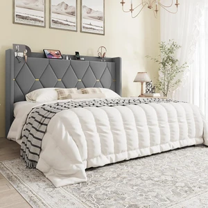 King Size Velvet Upholstered Bed Frame with Charging Station, Modern Wingback Storage Headboard, Diamond Stitched & Gold Trim, No Box Spring Needed, Easy Assembly, Grey King Size Velvet Upholstered Bed Frame with Charging Station, Modern Wingback Storage Headboard, Diamond Stitched & Gold Trim, No Box Spring Needed, Easy Assembly, Grey