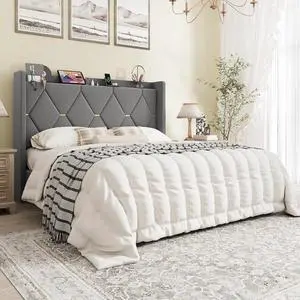 Queen Velvet Upholstered Bed Frame with Charging Station, Modern Wingback Storage Headboard, Diamond Stitched & Gold Trim, No Box Spring Needed, Easy Assembly, Grey Queen Velvet Upholstered Bed Frame with Charging Station, Modern Wingback Storage Headboard, Diamond Stitched & Gold Trim, No Box Spring Needed, Easy Assembly, Grey