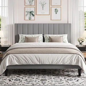 King Bed Frame with Velvet Upholstered Headboard, Platform Bed Frame Mattress Foundation, No Box Spring Needed, Strong Wood Slat Support, Noise Free, Easy Assembly, Gray King Bed Frame with Velvet Upholstered Headboard, Platform Bed Frame Mattress Foundation, No Box Spring Needed, Strong Wood Slat Support, Noise Free, Easy Assembly, Gray
