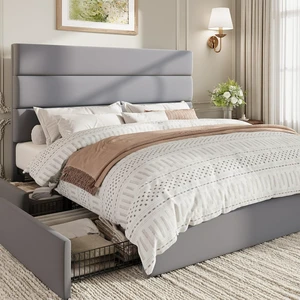 Queen Size Platform Bed Frame with 4 Storage Drawers, Velvet Upholstered Headboard, Mattress Foundation with Wooden Slats Support, No Box Spring Needed, Easy Assembly, Grey Queen Size Platform Bed Frame with 4 Storage Drawers, Velvet Upholstered Headboard, Mattress Foundation with Wooden Slats Support, No Box Spring Needed, Easy Assembly, Grey