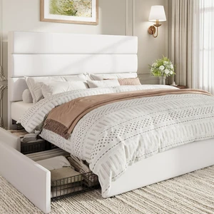 Full Size Platform Bed Frame with 4 Storage Drawers, Velvet Upholstered Headboard, Mattress Foundation with Wooden Slats Support, No Box Spring Needed, Easy Assembly, White Full Size Platform Bed Frame with 4 Storage Drawers, Velvet Upholstered Headboard, Mattress Foundation with Wooden Slats Support, No Box Spring Needed, Easy Assembly, White