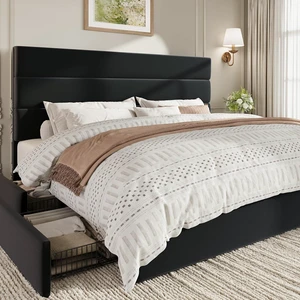 King Size Platform Bed Frame with 4 Storage Drawers, Velvet Upholstered Headboard, Mattress Foundation with Wooden Slats Support, No Box Spring Needed, Easy Assembly, Black King Size Platform Bed Frame with 4 Storage Drawers, Velvet Upholstered Headboard, Mattress Foundation with Wooden Slats Support, No Box Spring Needed, Easy Assembly, Black