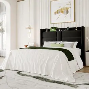 Queen Size Upholstered Bed Frame with Storage Shelf & Charging Station, Modern Velvet Platform Bed with Wingback Headboard, Wooden Slats Support, No Box Spring Needed, Easy Assembly, Black Queen Size Upholstered Bed Frame with Storage Shelf & Charging Station, Modern Velvet Platform Bed with Wingback Headboard, Wooden Slats Support, No Box Spring Needed, Easy Assembly, Black