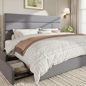 King Size Platform Bed Frame with 4 Storage Drawers, Velvet Upholstered Headboard, Mattress Foundation with Wooden Slats Support, No Box Spring Needed, Easy Assembly, Grey King Size Platform Bed Frame with 4 Storage Drawers, Velvet Upholstered Headboard, Mattress Foundation with Wooden Slats Support, No Box Spring Needed, Easy Assembly, Grey