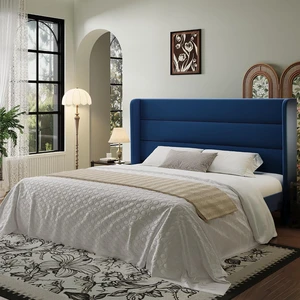 King Size Velvet Bed Frame with Wingback Headboard/Upholstered Platform Bed with Wooden Slats/Mattress Foundation/No Box Spring Needed/Easy Assembly/Blue King Size Velvet Bed Frame with Wingback Headboard/Upholstered Platform Bed with Wooden Slats/Mattress Foundation/No Box Spring Needed/Easy Assembly/Blue