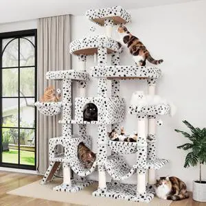 83 in Cat Tree Tower for Indoor Adult Felines 20lbs+/Multi-Level Heavy Duty Cat Tower for Big Maine Coon/Giant Perches/Wide Baseboard/Sisal Scratching Posts/Cozy Condos/White & Black Spot 83 in Cat Tree Tower for Indoor Adult Felines 20lbs+/Multi-Level Heavy Duty Cat Tower for Big Maine Coon/Giant Perches/Wide Baseboard/Sisal Scratching Posts/Cozy Condos/White & Black Spot