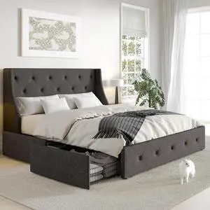 Queen Platform Upholstered Bed Frame with 4 Storage Drawers and Wingback Headboard, Diamond Stitched Button Tufted Design, No Box Spring Needed, Dark Grey Queen Platform Upholstered Bed Frame with 4 Storage Drawers and Wingback Headboard, Diamond Stitched Button Tufted Design, No Box Spring Needed, Dark Grey
