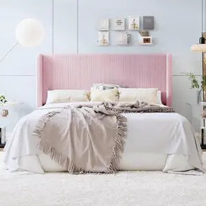 King Size Corduroy Upholstered Platform Bed Frame with Vertical Channel Tufted Wingback Headboard, 8" Under Bed Storage, Wooden Slats & Metal Frame Support, Easy Assembly, Light Pink King Size Corduroy Upholstered Platform Bed Frame with Vertical Channel Tufted Wingback Headboard, 8" Under Bed Storage, Wooden Slats & Metal Frame Support, Easy Assembly, Light Pink