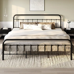 King Size Bed Frame Metal Platform Bed with Vintage Style Headboard and Footboard, Heavy Duty Mattress Foundation, No Box Spring Needed, Easy Assembly, Black King Size Bed Frame Metal Platform Bed with Vintage Style Headboard and Footboard, Heavy Duty Mattress Foundation, No Box Spring Needed, Easy Assembly, Black