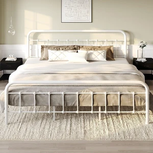 King Size Bed Frame Metal Platform Bed with Vintage Style Headboard and Footboard, Heavy Duty Mattress Foundation, No Box Spring Needed, Easy Assembly, White King Size Bed Frame Metal Platform Bed with Vintage Style Headboard and Footboard, Heavy Duty Mattress Foundation, No Box Spring Needed, Easy Assembly, White