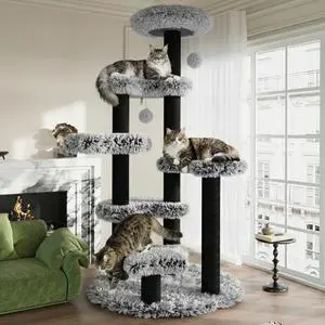61.5in Cat Tree Tower, Multi-Level Activity Center with Cozy Perch, Star-Shaped Platform, Moon Jumping Board, Sisal Scratching Posts, Hanging Toy Balls for Indoor Feline, Black and White 61.5in Cat Tree Tower, Multi-Level Activity Center with Cozy Perch, Star-Shaped Platform, Moon Jumping Board, Sisal Scratching Posts, Hanging Toy Balls for Indoor Feline, Black and White