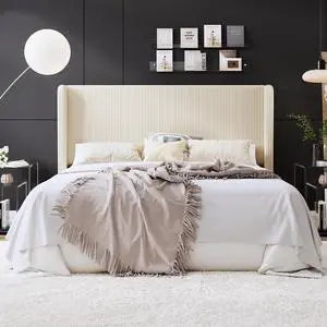 King Size Corduroy Upholstered Platform Bed Frame with Vertical Channel Tufted Wingback Headboard, 8" Under Bed Storage, Wooden Slats and Metal Frame Support, Easy Assembly, Cream King Size Corduroy Upholstered Platform Bed Frame with Vertical Channel Tufted Wingback Headboard, 8" Under Bed Storage, Wooden Slats and Metal Frame Support, Easy Assembly, Cream