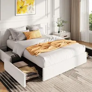 Boucle Queen Bed Frame with 4 Spacious Drawers, Platform Bed with Soft Teddy Fabric Upholstery, Sturdy Wooden Slats Support, No Box Spring Needed, Noise Free, Easy Assembly, White Boucle Queen Bed Frame with 4 Spacious Drawers, Platform Bed with Soft Teddy Fabric Upholstery, Sturdy Wooden Slats Support, No Box Spring Needed, Noise Free, Easy Assembly, White