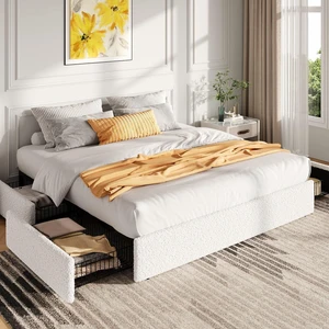 Boucle King Size Bed Frame with 4 Spacious Drawers, Platform Bed with Soft Teddy Fabric Upholstery, Sturdy Wooden Slats Support, No Box Spring Needed, Noise Free, Easy Assembly, White Boucle King Size Bed Frame with 4 Spacious Drawers, Platform Bed with Soft Teddy Fabric Upholstery, Sturdy Wooden Slats Support, No Box Spring Needed, Noise Free, Easy Assembly, White