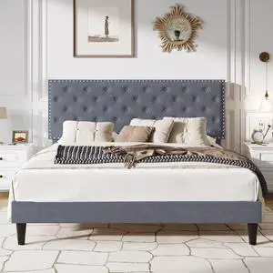 King Size Velvet Bed Frame with Adjustable Headboard, Diamond Button Tufted and Rivet Decor, No Box Spring Needed, Silver Grey King Size Velvet Bed Frame with Adjustable Headboard, Diamond Button Tufted and Rivet Decor, No Box Spring Needed, Silver Grey